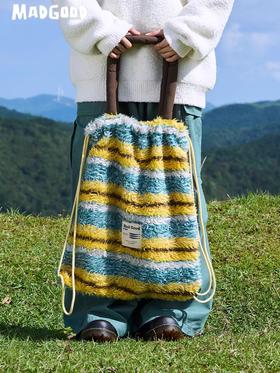 马得工地/MDGDBB244321/彩色条纹撞色短毛提花束口单双肩包