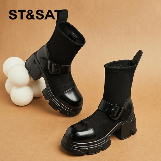 星期六时尚扣带弹力拼接厚底增高加绒瘦瘦靴SSC4118E87 商品图1