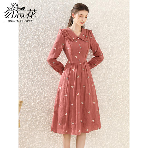 勿忘花红色纯棉碎花复古连衣裙春季新款刺绣气质裙子 商品图2
