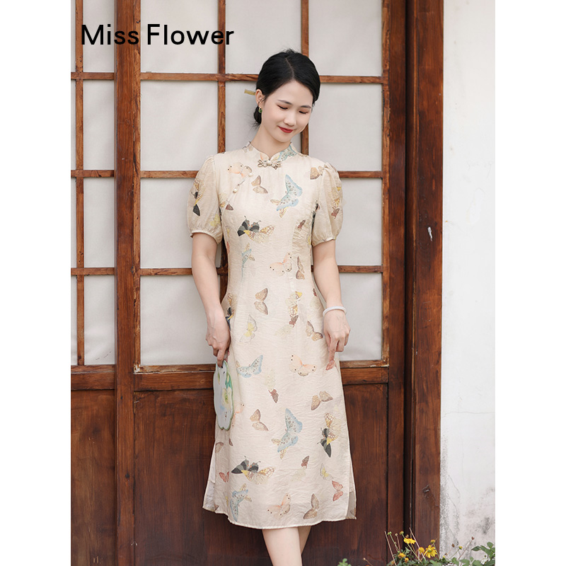 勿忘花改良旗袍连衣裙2025新款女装夏季新中式国风裙子设计感长裙