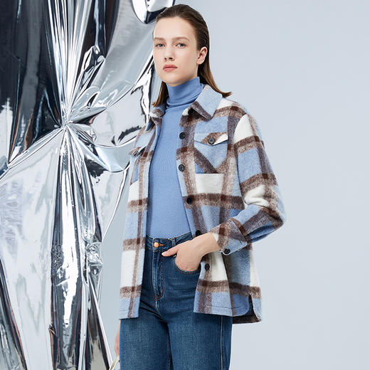 EITIE爱特爱冬季新款复古翻领撞色毛呢格子大衣外套7614330 商品图2