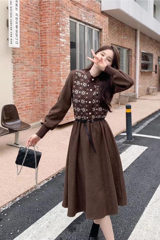 Le Malene 复古棕色针织拼接收腰连衣裙 17502【不含腰带】 商品图1