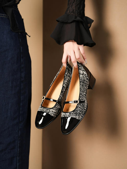 豪麟名鞋进口迪嘉女鞋玛丽珍鞋牛移膜革+织物F24373P黑色 商品图1