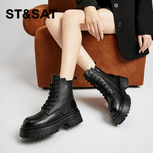 星期六复古擦色鞋头百搭绒里厚底马丁靴SS341181FH 商品图3