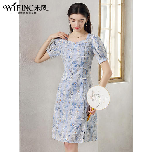 未风蓝色雪纺连衣裙女夏2024年夏季新款女装气质改良旗袍显瘦裙子 商品图2