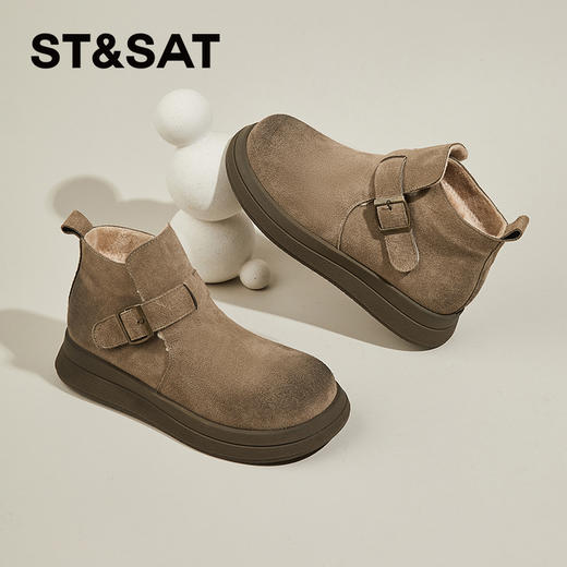 星期六复古扣带保暖绒里百搭短靴SS341121IG 商品图1