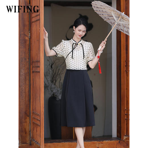 未风黑色圆点新中式连衣裙2025年新款夏季女装气质拼接假两件裙子 商品图0