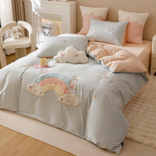 全棉卡通奶油风刺绣彩虹奶兔四件套 四季可用纯棉马卡龙套件 商品图11