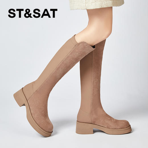 星期六简约百搭弹力拼接绒里厚底瘦瘦靴SS341191FU 商品图5