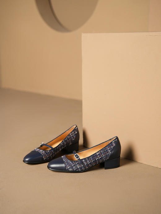 豪麟名鞋进口迪嘉女鞋玛丽珍鞋牛皮革+织物F24373P蓝色 商品图3