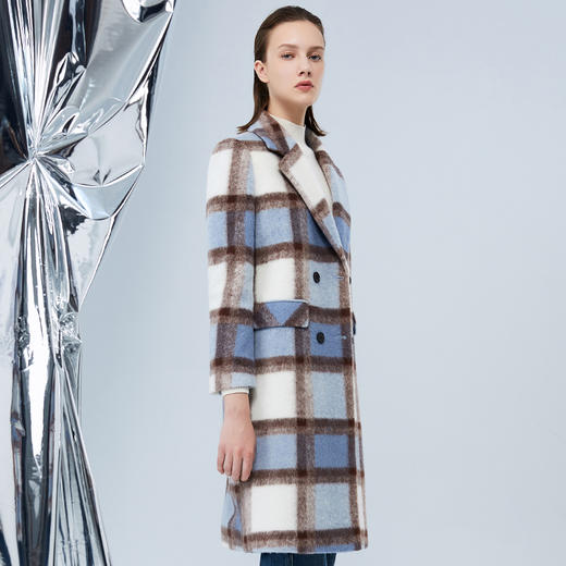 EITIE爱特爱冬季新款复古翻领撞色毛呢格子大衣长款外套7614329 商品图2