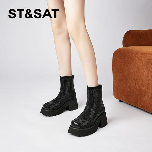 星期六摩登闪钻拼接厚底瘦瘦靴SSC4116E6W 商品图4