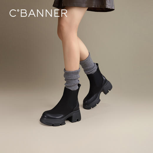 千百度厚底拼接切尔西靴女冬季烟筒靴保暖单靴A24537301 商品图0