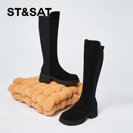 星期六简约百搭弹力拼接绒里厚底瘦瘦靴SS341191FU 商品图1