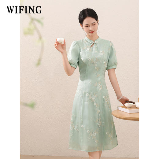 未风绿色新中式国风连衣裙女2024年新款夏季女装气质网纱绣花裙子 商品图3