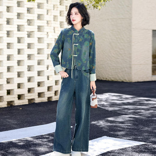 新中式复古盘扣，牛仔衬衫阔腿裤两件套XPH9886 商品图3