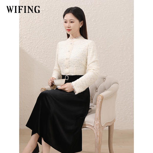 未风丝绒连衣裙女冬2025冬季新款女装气质假两件长袖打底蕾丝裙子 商品图1