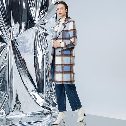 EITIE爱特爱冬季新款复古翻领撞色毛呢格子大衣长款外套7614329 商品图1