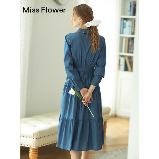 勿忘花蓝色纯棉气质Polo连衣裙春季新款衬衫裙收腰早秋长裙 商品图3