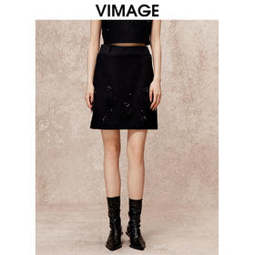 VIMAGE纬漫纪时尚钉珠高腰显瘦a字黑色气质毛呢半身裙冬新款V2206822