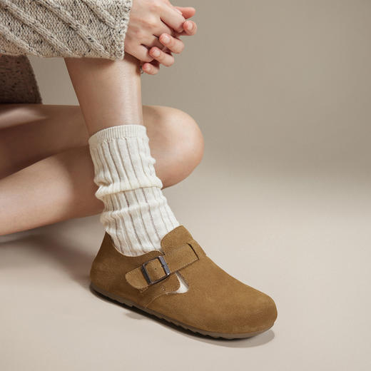 千百度时尚加绒全包勃肯鞋女款冬季内增高半拖鞋贝果系列雪地靴A24637005 商品图1