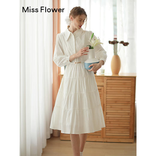 勿忘花米白色纯棉法式衬衫连衣裙春季新款长裙温柔淑女裙子 商品图1