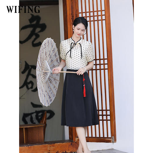 未风黑色圆点新中式连衣裙2025年新款夏季女装气质拼接假两件裙子 商品图3