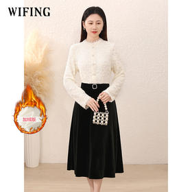 未风丝绒连衣裙女冬2025冬季新款女装气质假两件长袖打底蕾丝裙子