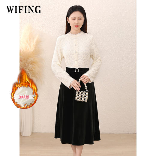 未风丝绒连衣裙女冬2025冬季新款女装气质假两件长袖打底蕾丝裙子 商品图0