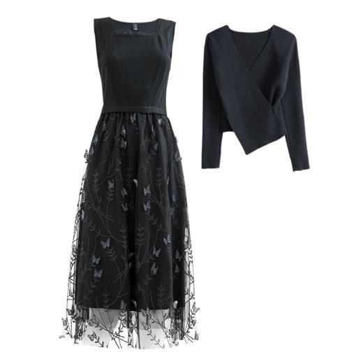 未风黑色套装连衣裙女秋2024秋季新款女装气质针织网纱拼接两件套 商品图4