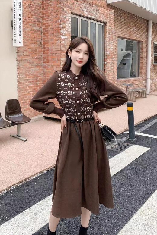 Le Malene 复古棕色针织拼接收腰连衣裙 17502【不含腰带】 商品图2