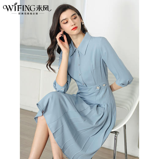 未风蓝色衬衫连衣裙女秋2024秋装新款女装气质显瘦中长款百褶裙子 商品图2