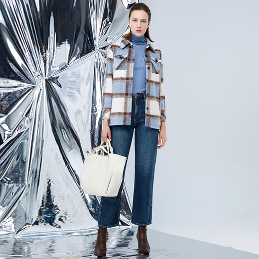 EITIE爱特爱冬季新款复古翻领撞色毛呢格子大衣外套7614330 商品图1