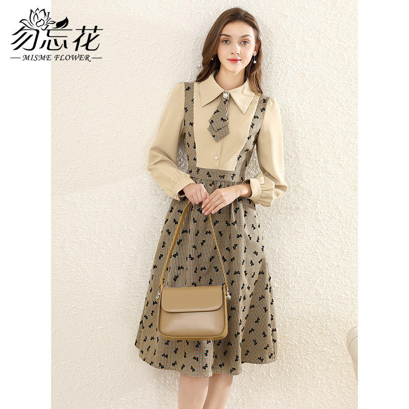 勿忘花格子拼接衬衫连衣裙女初秋2025春季新款气质假两件内搭裙子
