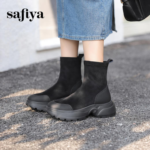 Safiya/索菲娅2024秋冬户外风百搭运动厚底圆头弹力瘦瘦休闲短靴 SF44116406 商品图0