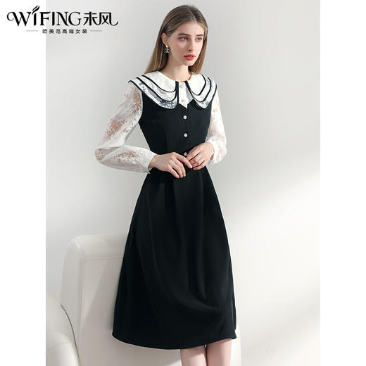 未风黑色娃娃领连衣裙女秋2024年秋装新款气质假两件高腰显瘦裙子 商品图2