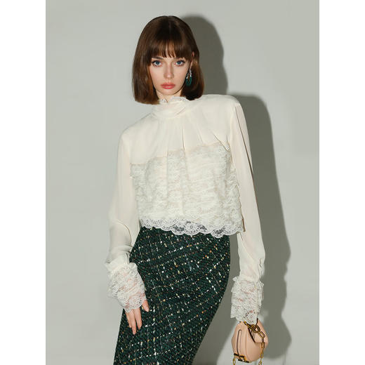 COCOBELLA精致女人味优雅多层蕾丝衫女赫本风白色衬衫LC7028 商品图5