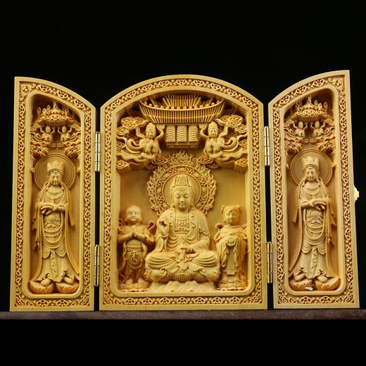 众佛 | 黄杨木雕，扁三开盒，随身佛龛摆件 商品图3