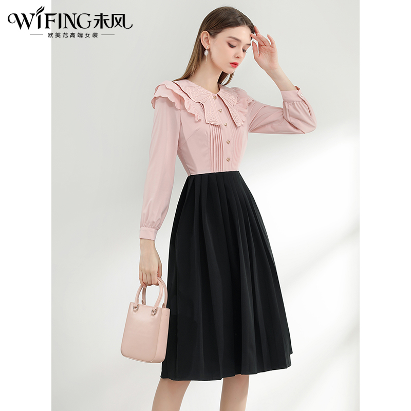 未风娃娃领长袖连衣裙春季新款女装气质假两件减龄裙子