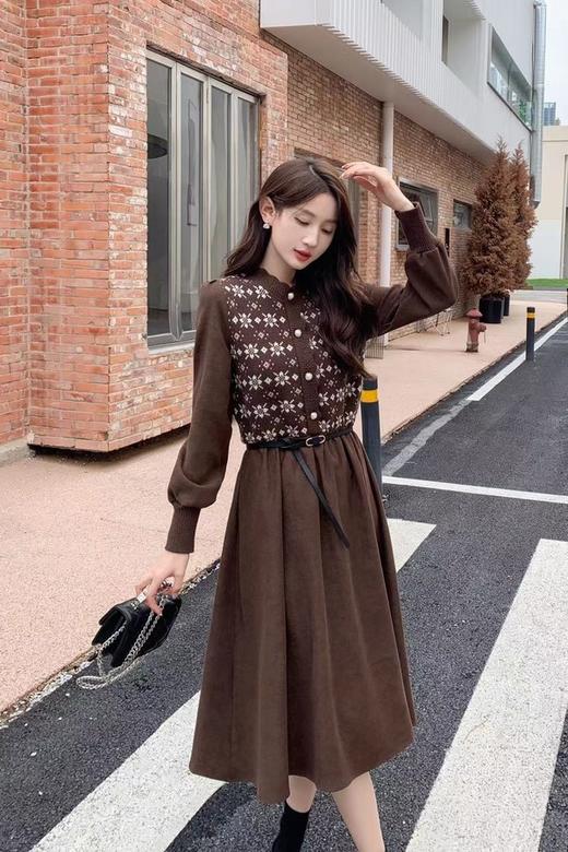 Le Malene 复古棕色针织拼接收腰连衣裙 17502【不含腰带】 商品图3