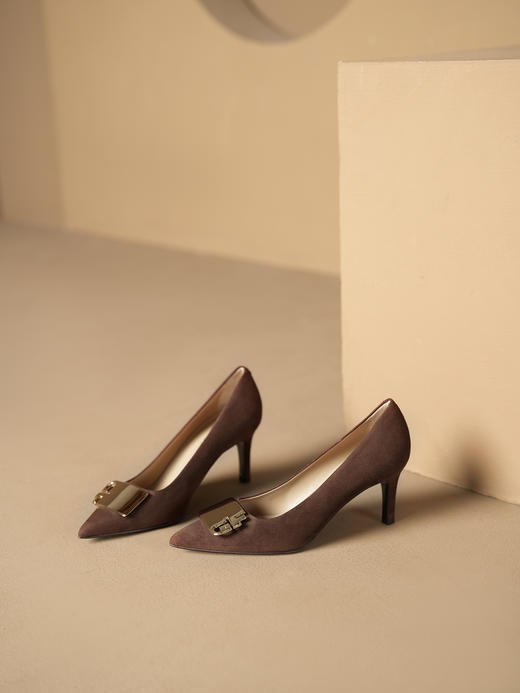 豪麟名鞋进口迪嘉女鞋皮鞋羊反绒面革F24272P咖啡色 商品图1