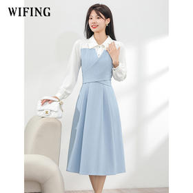 未风蓝色假两件连衣裙女早春2025春季新款女装气质小香风显瘦裙子