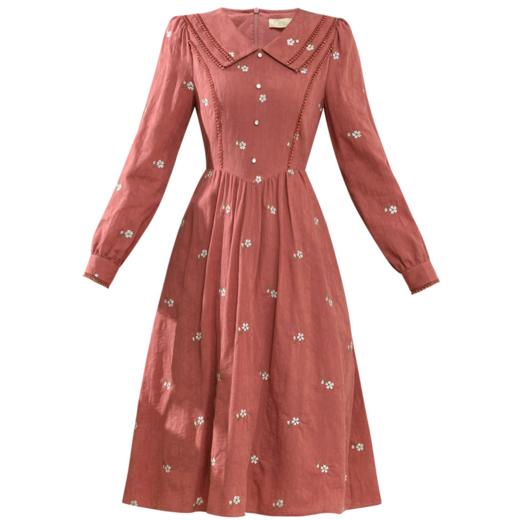 勿忘花红色纯棉碎花复古连衣裙春季新款刺绣气质裙子 商品图4