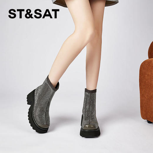 星期六摩登闪钻拼接厚底瘦瘦靴SSC4116E6W 商品图6