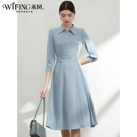 未风蓝色衬衫连衣裙女秋2024秋装新款女装气质显瘦中长款百褶裙子 商品图3