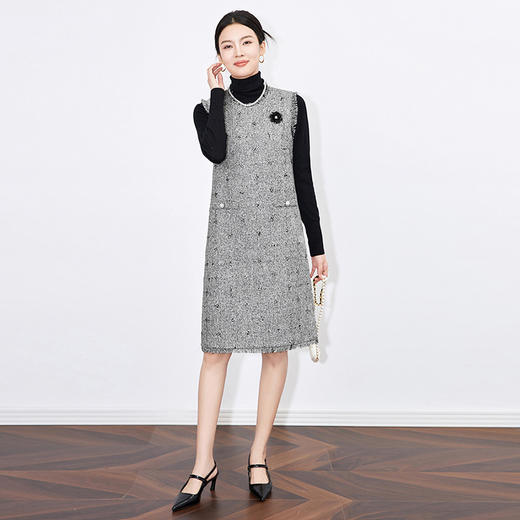 【高货wl】全新升级【铂金会员321/天猫429/差价108】(14839) 洛诗琳秋冬轻奢名媛亮丝编织法式圆领无袖背心连衣裙 商品图1