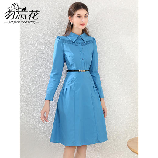 勿忘花蓝色纯棉气质小个子连衣裙女2024秋装新款衬衫收腰显瘦裙子 商品图2