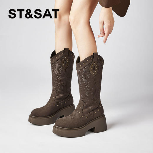 星期六复古民族风西部牛仔粗跟长靴SSC4116E4N 商品图6
