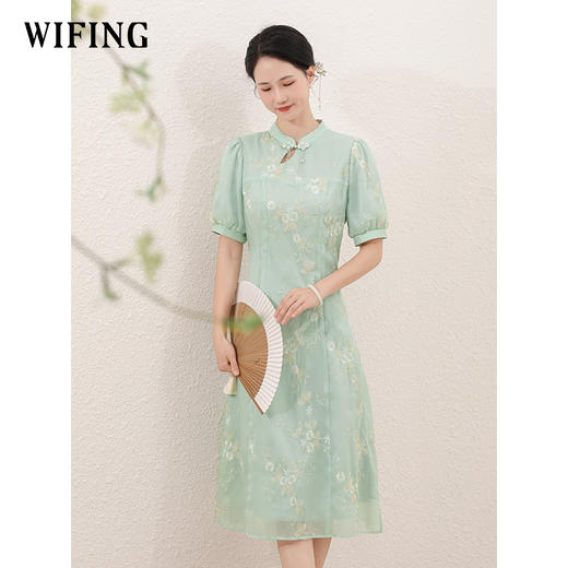 未风绿色新中式国风连衣裙女2024年新款夏季女装气质网纱绣花裙子 商品图0