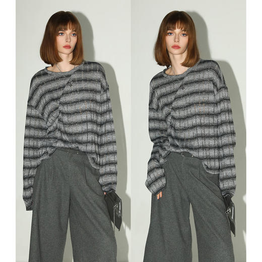 COCOBELLA设计感立体抽褶条纹针织衫毛边休闲舒适毛衣TS7008 商品图2